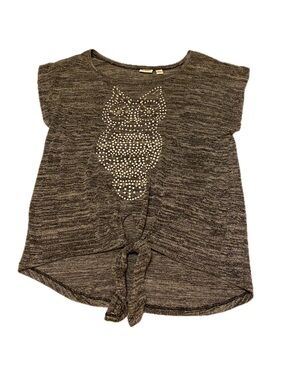 Cato Women’s Small Grey Blouse With Beaded Owl Design and Tie Front Detail
